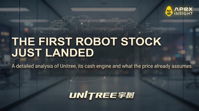 A promotional banner for APEX INSIGHT titled "THE FIRST ROBOT STOCK JUST LANDED," featuring a world map background and Unitree (宇树) branding, with a subtitle about analyzing Unitree's cash engine and price assumptions.