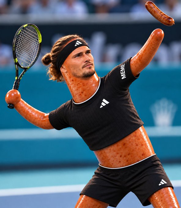 A tennis player resembling Alexander Zverev has his skin replaced with a textured sausage-like appearance, wearing Adidas gear with 'MEME' on the sleeve, mid-serve with a tennis racket.