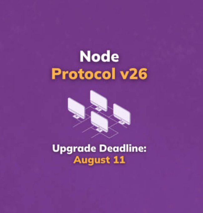 A purple graphic announces the "Node Protocol v26" upgrade for the Pi Mainnet, displaying an illustration of connected computer monitors and noting an "Upgrade Deadline: August 11," which aligns with the post's call for Mainnet node operators to complete their upgrades by that date.