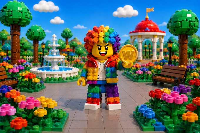 A cheerful, multicolored Lego-style mascot holding a gold "W" coin stands in a vibrant Lego garden, visually representing the launch of the new WORLD token platform where users can create profiles and trade keys. The whimsical, colorful aesthetic of the scene mirrors the playful and accessible nature of the website's features for exploring, creating, and trading.