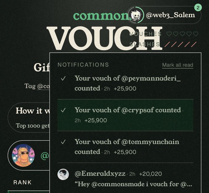 The image displays a "common" platform notifications panel for user @web3_Salem, showing that their vouches of @peymannaderi_, @crypsaf, and @tommyunchain each counted for +25,900 points, with an additional notification from @Emeraldxyzz. This visually reinforces the post's claim that their vouches carry a higher weight of 25,900 points compared to others, demonstrating that not all vouches hold equal value on the platform.