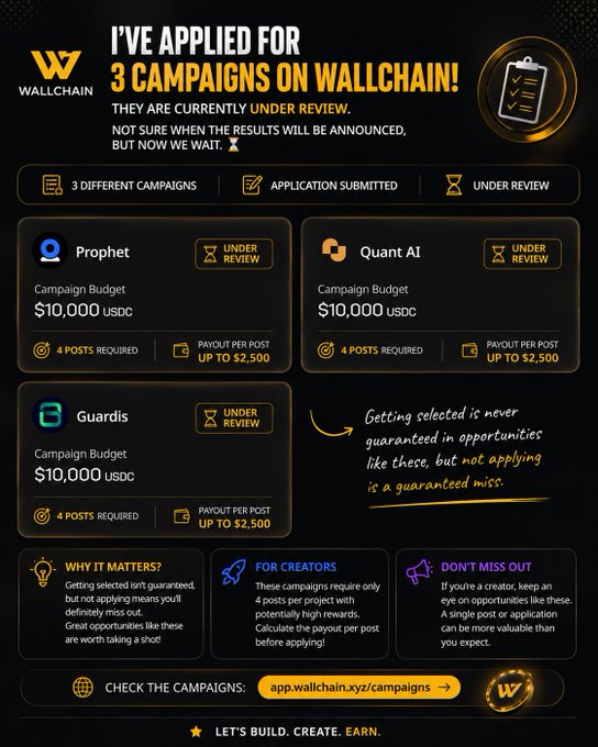 The image features an advertisement for a campaign that has been applied for by someone named "Wallchain". The text of the post reads: "I've applied for all 3 campaigns on @wallchain. They're currently under review. To be honest, I'm not exactly sure when the results will be announced, but now we wait. Getting selected is never guaranteed in opportunities like these, but not applying is a".