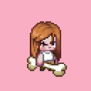 The image features a girl with long brown hair, wearing a white shirt, sitting on her butt while holding a large bone. The background of the image is pink, which complements the girl's outfit. There are no other objects or text present in the image.