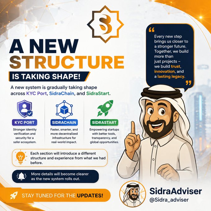 The image is a promotional graphic featuring a cartoon character in traditional Gulf attire alongside the announcement "A NEW STRUCTURE IS TAKING SHAPE!" It highlights three components—KYC Port (stronger identity verification and security), SidraChain (faster, decentralized real-world infrastructure), and SidraStart (tools for startups)—reinforcing the post's message about a new system being introduced by SidraAdviser (@Sidra_adviser) with the prompt to "Stay tuned for the updates!"
