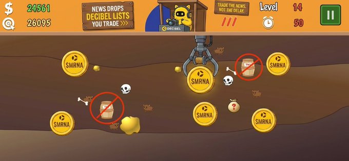 A Gold Miner-style game screen shows gold coins and rock debris in underground dirt with a claw mechanism, displaying "Level 14", "$24561", and a news ticker reading "NEWS DROPS, DECIBEL LISTS YOU TRADE". 50