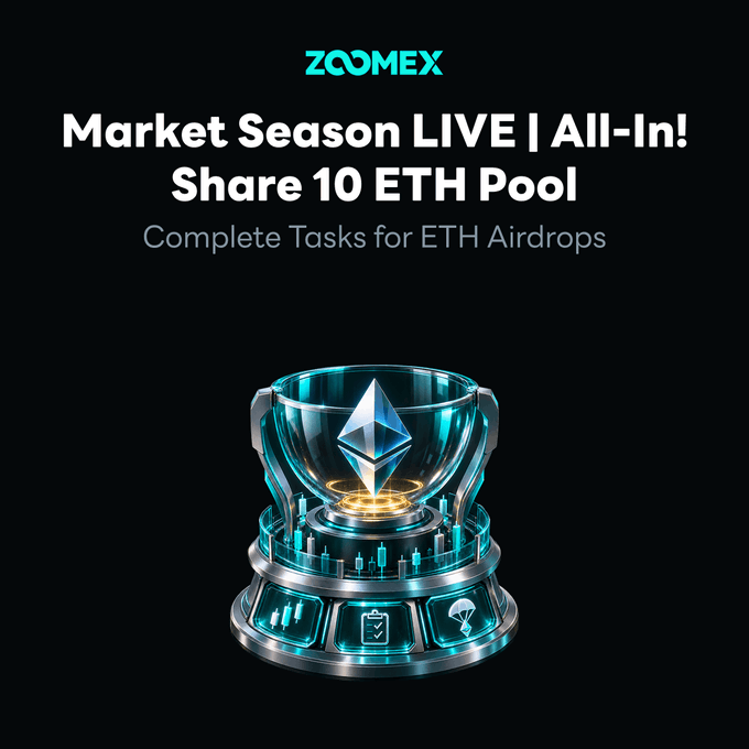 The image is a promotional banner from ZOOMEX announcing their "Market Season LIVE | All-In! Share 10 ETH Pool" campaign, featuring a glowing blue trophy with an Ethereum logo, and the caption invites users to complete tasks to earn ETH airdrops by trading on their platform.