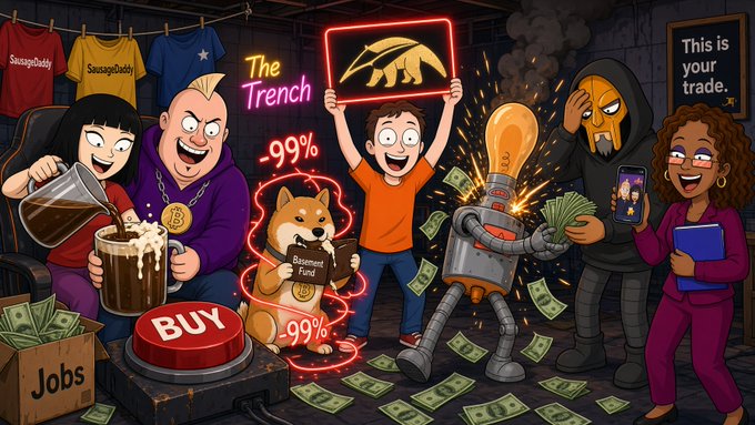 A cartoonish illustration depicting meme culture and finance, featuring a Shiba Inu dog, a "BUY" button, falling money, and characters in hoodies, with text including "The Trench," "-99%," and "SausageDaddy" on shirts.