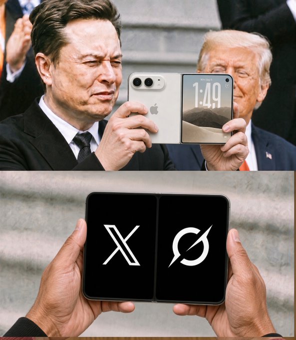 A composite image showing Elon Musk and Donald Trump looking at an open smartphone displaying the time '1:49' above a second image of a foldable device displaying the X logo and a phone icon.