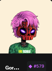 An NFT-style avatar with pink hair, glowing purple eyes, and a red demonic face, wearing a green shirt, labeled 'IMMORTAL' with 'Gor...' and a price tag of '♦579'.