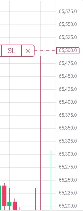A financial chart shows a 'SL' (Stop Loss) tag set at 65,500.0, with a red dashed line and visible candlestick price action below the level.