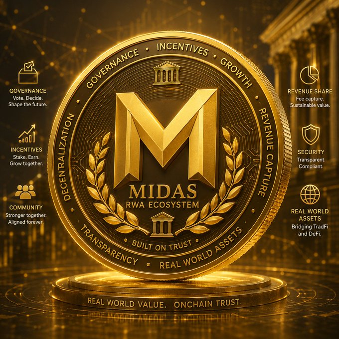 A promotional graphic for the 'MIDAS RWA ECOSYSTEM' cryptocurrency, featuring a golden coin with an 'M' logo surrounded by terms like Governance, Incentives, Growth, Revenue Capture, Decentralization, Transparency, and Real World Assets.