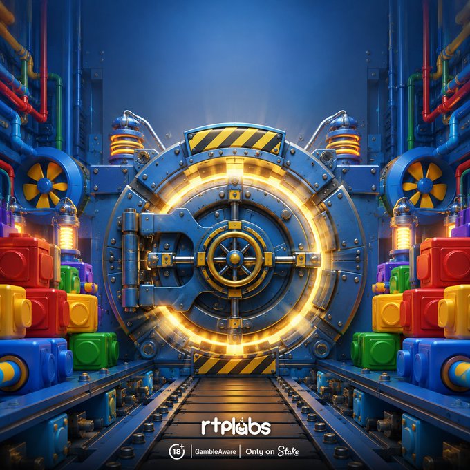 A vibrant, futuristic illustration of a large industrial vault door surrounded by colorful pipes and machinery, with 'rtplabs' branding and 'Only on Stake' text.