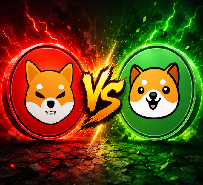 A stylized 'VS' graphic depicting a Shiba Inu dog (left) on a red circular background clashing against another Shiba Inu dog (right) on a green circular background, with lightning and fire effects.