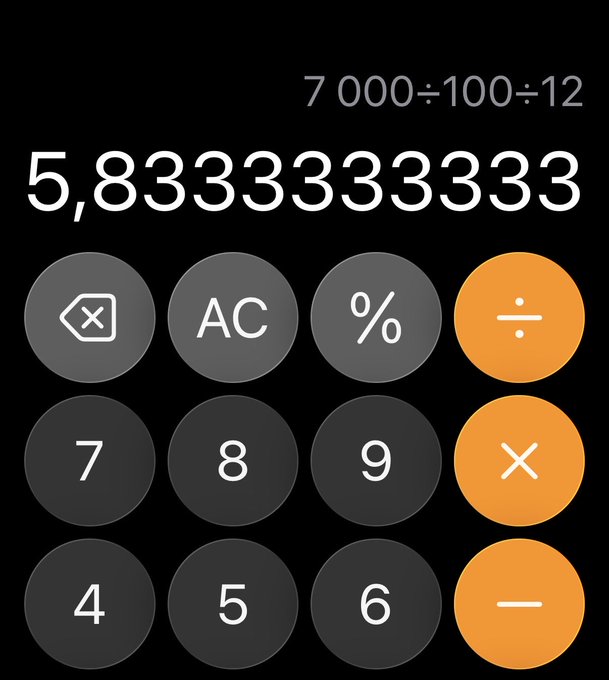 The image shows a calculator app displaying the result of 7,000 ÷ 100 ÷ 12, which equals 5.833333333. This calculation illustrates the post's point: dividing $7,000 (the cost of a 3090 GPU rig) by $100 over 12 months shows that running a frontier AI model locally would cost roughly 5+ years of subscription fees compared to a cloud service.