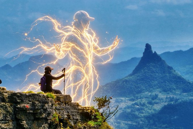 A fantastical scene shows a person sitting on a cliff edge with a trekking pole, facing a large glowing ethereal figure made of light and electricity against a mountainous backdrop.