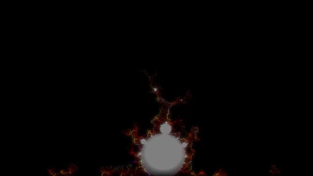 The image depicts a lightning-like fractal formation branching outward from a central gray circle against a black background, with the title "Lightning Mandelbrot Zoom" suggesting it is a visualization of a Mandelbrot set zoom exploring the fractal's lightning-shaped tendrils and intricate, glowing details.