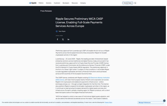 Ripple’s press release (June 23 2020) announces that Luxembourg’s regulator granted a preliminary MiCA CASP license, allowing the company to roll out full‑scale cross‑border payments across Europe under the EU’s Markets in Crypto‑Assets framework.