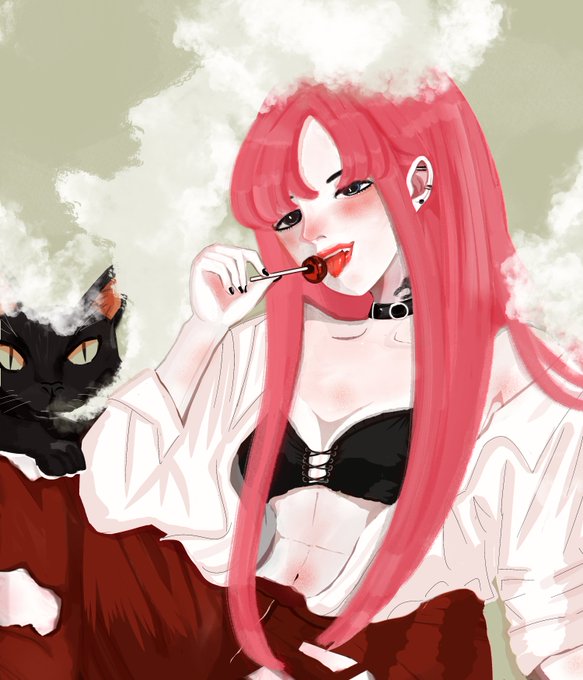 A digital illustration of a pink-haired woman in a black corset and white shirt eating a red lollipop, accompanied by a black cat, with clouds in the background.
