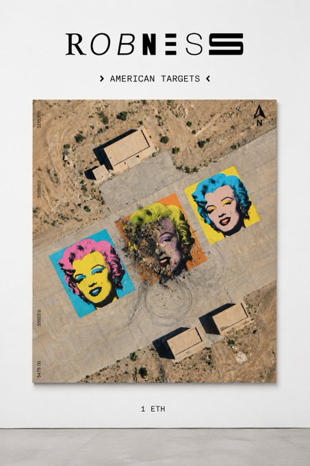 A book cover for "Robness" by the artist, featuring a desert landscape with three Marilyn Monroe portraits and the title "Robness".