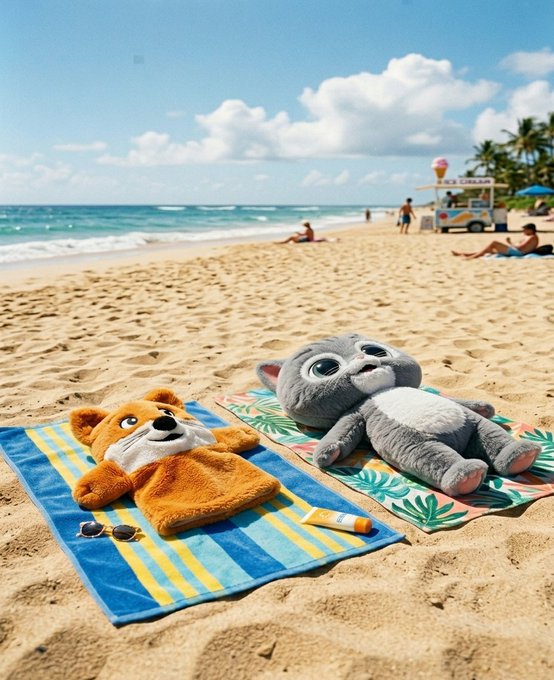 The image features two stuffed animals, a cat and a puppet, lying on towels at the beach. The cat appears to be wearing sunglasses while the puppet has sunscreen applied to its face. In the background, there are people enjoying their day at the beach as well.