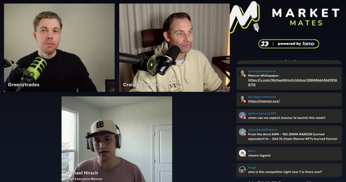 A livestream screenshot titled 'MARKET MATES' featuring two podcasters with green microphones (Greenytrades and Craig 'Confused') and a guest (Michael Hirsch, Chief Executive Mancer), alongside a chat discussing Mancer coin and AMM.
