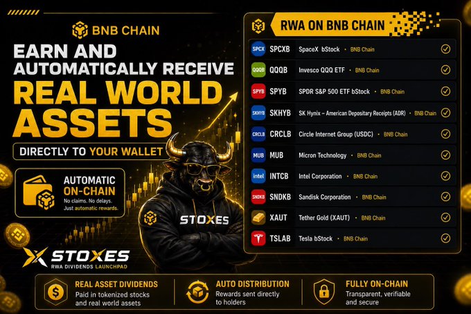 A promotional graphic for STOXES, a platform that distributes tokenized real-world assets and dividends directly to BNB Chain wallets, featuring a masked bull mascot and a list of available assets including SPCX (SpaceX), SPYB (SPDR S&P 500), SKHYB (SK Hynix ADR), CRCLb (Circle USDC), MUB (Micron), INTCb (Intel), SNDKB (Sandisk), XAUT (Tether Gold), and TSLAB (Tesla bStock). The image supports the post "Stoxes.fun/BNB" by advertising their BNB Chain-based launchpad service that offers automatic on-chain dividend rewards from major corporate stocks and tokenized assets.