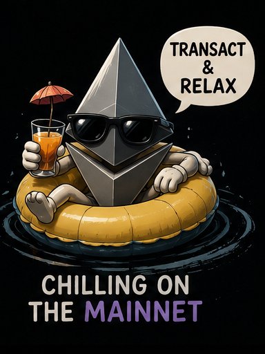 A cartoon illustration of an Ethereum logo character wearing sunglasses, floating in a yellow inner tube while holding an orange drink, with text reading 'TRANSACT & RELAX' and 'CHILLING ON THE MAINNET'.
