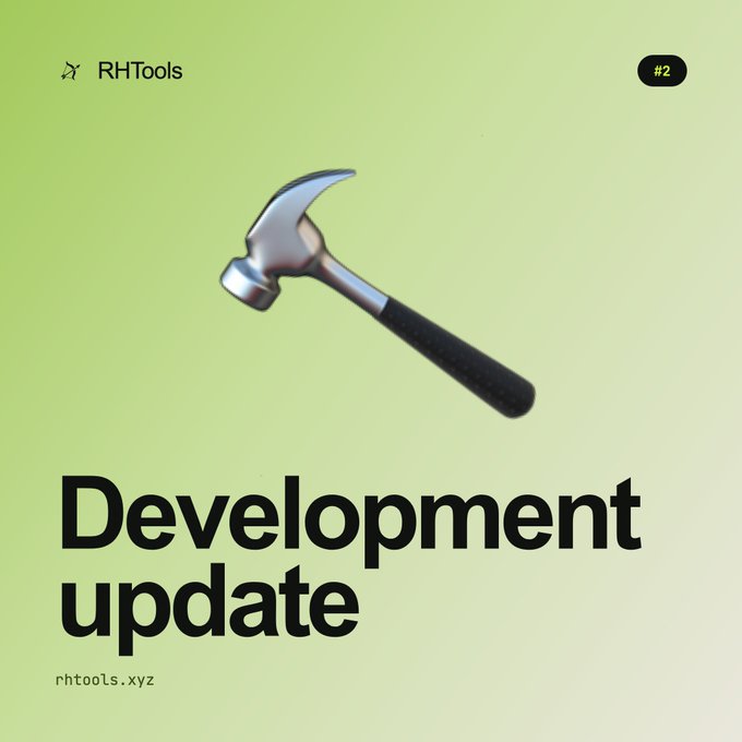 RHTools development update graphic featuring a silver hammer on a green gradient background, with 'rhtools.xyz' at the bottom.