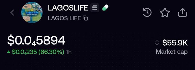 A cryptocurrency price tracker shows LAGOSLIFE (LAGOS LIFE) trading at $0.05894, up $0.0235 (66.30%) in the last hour, with a market cap of $55.9K.
