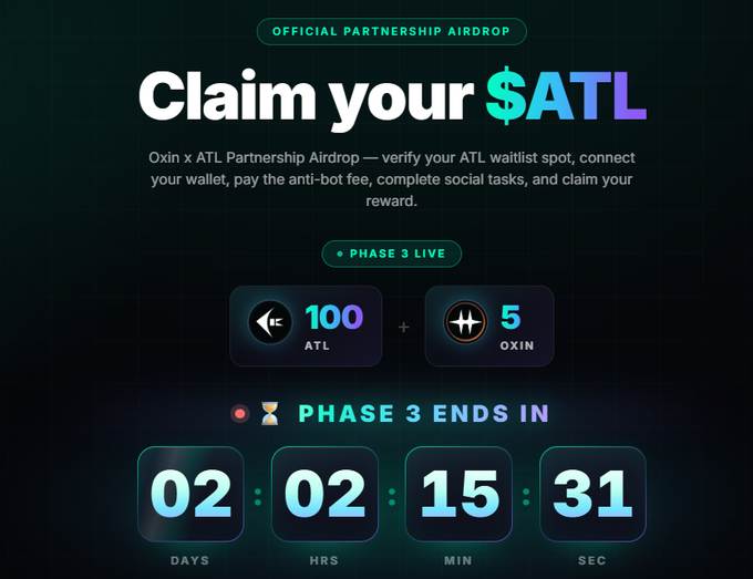 The image shows an "Official Partnership Airdrop" banner for "Oxin x ATL Partnership Airdrop" promoting the ability to claim $ATL tokens, advertising rewards of 100 ATL plus 5 OXIN, and displaying a Phase 3 countdown timer ending in 2 days, 2 hours, 15 minutes, and 31 seconds—which aligns with the post's urgent warning about Phase 3 of the Oxin × AI Technology Labs Megadrop closing soon.