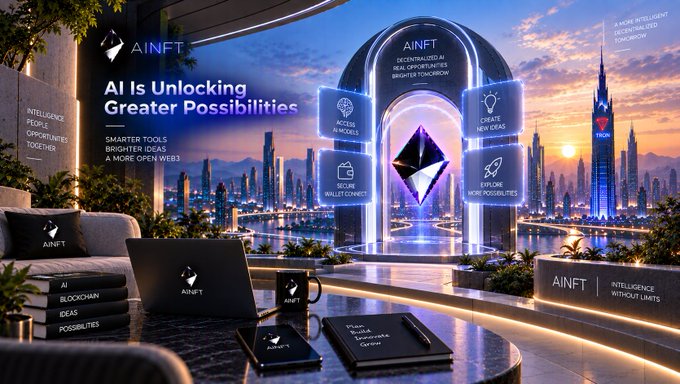A futuristic digital cityscape advertisement for "AINFT" with the headline "AI Is Unlocking Greater Possibilities," featuring floating icons for "ACCESS AI MODELS," "SECURE WALLET CONNECT," "CREATE NEW IDEAS," and "EXPLORE MORE POSSIBILITIES."