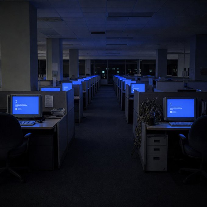 A dimly lit, empty office at night with rows of cubicles featuring old CRT monitors glowing blue with Windows error 'blue screen of death' messages.