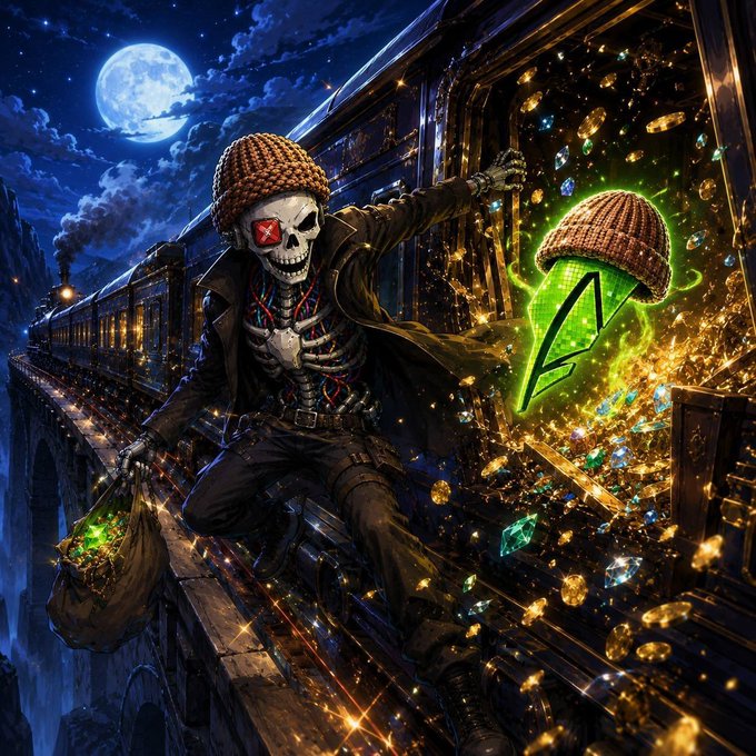 A detailed fantasy digital artwork of a skeleton wearing a beanie, riding a train at night and collecting glowing gems, with a glowing green ghost-like beanie figure nearby.
