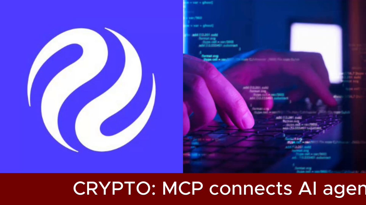 The image features a close-up of someone typing on a keyboard while wearing a blue shirt with white swirls, possibly representing an AI agent or a computer program. The text "Crypto: MCP connects Al ager" is displayed above the person's hands and below their feet, indicating that the connection between Crypto and MCP is being established for an AI agent to execute financial operations.