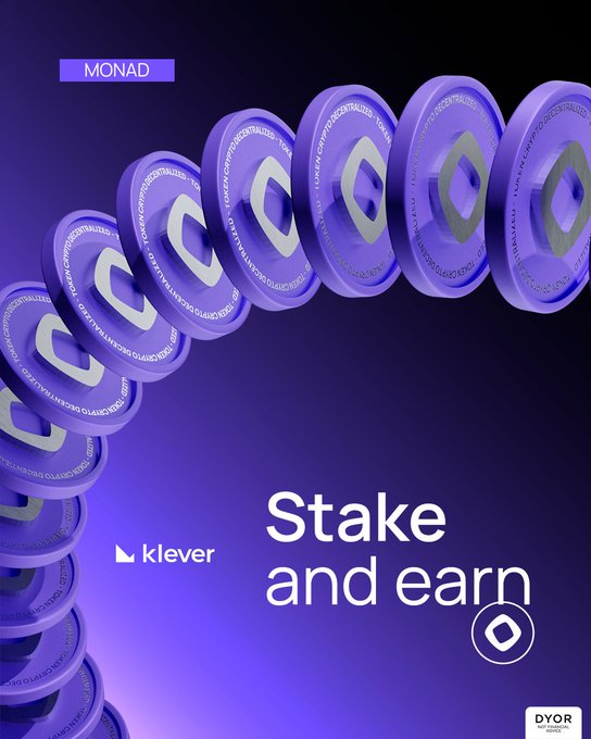 The image features a purple stack of coins, with the text "Stake your $MON and earn rewards while supporting the network". The coins are arranged in a way that they appear to be stacked or leaning against each other. The background color is purple, which complements the purple coins. The post also includes an advertisement for a coin called Monad, which is associated with the Klever wallet feature.