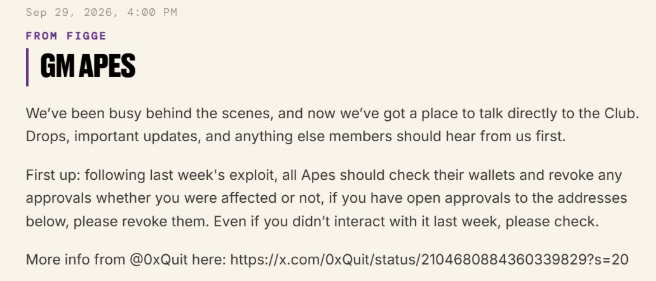 A message titled 'GM APES' from FIGGE warns users to check their wallets and revoke any approvals to certain addresses following a recent exploit.