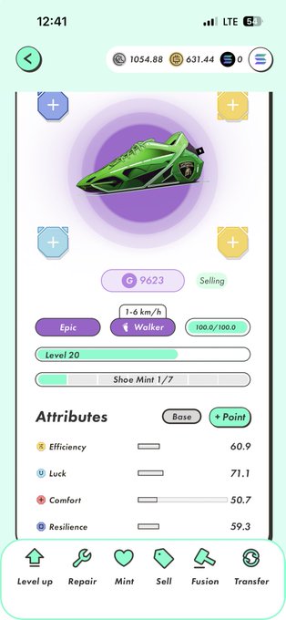 A mobile game interface displaying an 'Epic' green 'Walker' shoe NFT, Level 20, with stats like Efficiency 60.9, Luck 71.1, Comfort 50.7, and Resilience 59.3, currently priced at 9623 and 'Selling'.