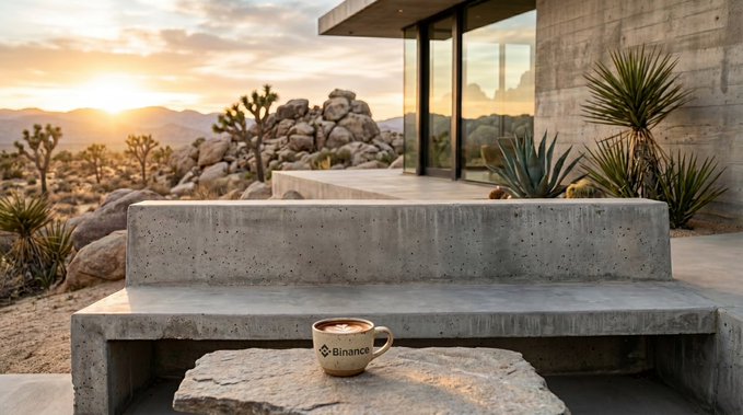 A serene desert scene at sunset featuring a modern concrete house with large windows, Joshua trees, and a small espresso cup labeled 'Binance' sitting on a stone slab in the foreground.