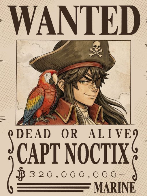 A vintage-style "WANTED" poster featuring "CAPT NOCTIX" — an anime pirate character with an eyepatch, skull-and-crossbones tricorn hat, and a colorful scarlet macaw perched on his shoulder — posted by the account offering a 50x giveaway for the "Noctix NFT" project, with a bounty of $320,000,000 issued by the "Marine."