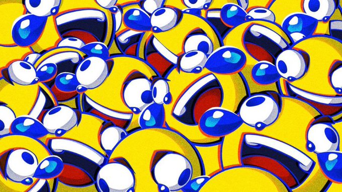 A repeating pattern of cartoon emoji faces with wide grins, red mouths, and blue sweat drops on a yellow background.