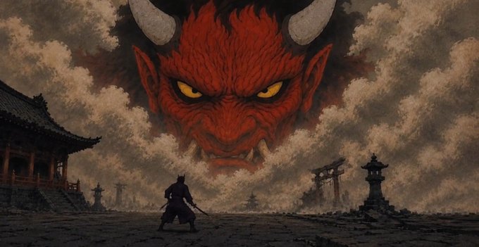 A dramatic anime scene shows a lone samurai warrior standing on a stone courtyard, facing a massive red demon with glowing yellow eyes and horns emerging ominously from storm clouds above traditional Japanese architecture.