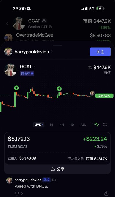 A mobile cryptocurrency app showing GCAT (Genius CAT) token with market value of $447.9K, up 13.85%, featuring a candlestick price chart and trading information.