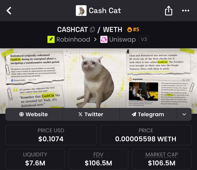 The image shows a trading interface for the CASHCAT/WETH token pair on Uniswap V3 via Robinhood, displaying a price of $0.1074 (0.00005598 WETH), liquidity of $7.6M, and a fully diluted market cap of $106.5M, alongside the token's cat mascot and memetic origin story referencing Robinhood's early "CashCat" checks. The post's question about a "generational bottom" ties directly to the steep valuation shown, framing the screenshot as evidence of a major crypto drawdown worth debating whether to buy or exit.