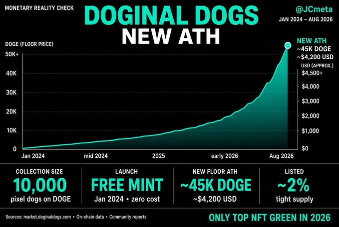 A financial chart titled 'DOGINAL DOGS NEW ATH' showing a price chart from Jan 2024 to Aug 2026, with stats indicating a collection size of 10,000 pixel dogs, free mint launch, and a new floor ATH of ~45K DOGE (~$4,200 USD).