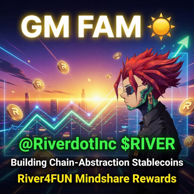The image features a cartoon character with red hair standing next to a city skyline, which appears to be a sunset or sunrise. The text "GM fam" is written above the character's head, indicating that this is part of an advertisement for a cryptocurrency called "RIVER4FUN". The post also mentions that there are rewards available on the website River4Fun Mindshare Rewards.