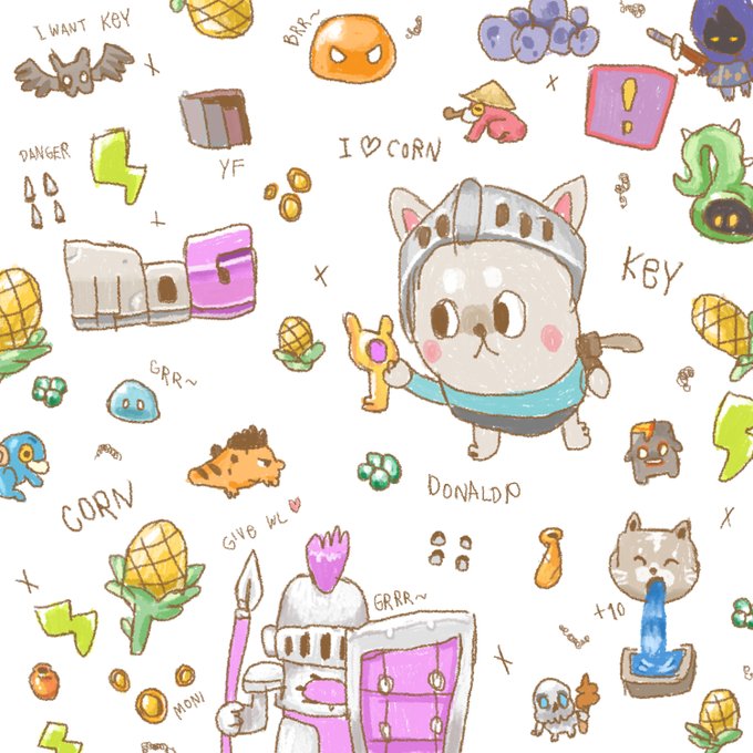 A hand-drawn doodle illustration featuring a knight cat character surrounded by items like corn, a green slime labeled "DONALD", yellow flowers, and handwritten notes reading "I WANT KBY", "BRR~", "I ♡ CORN", "DANGER", and "GRRR~".