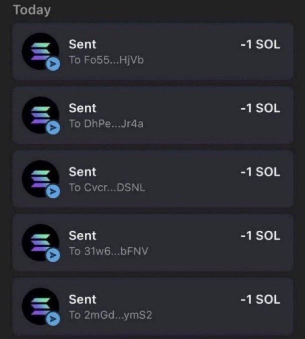 The image displays five recent Solana transactions, each showing "-1 SOL" sent to various truncated addresses (Fo55...HjVb, DhPe...Jr4a, Cvcr...DSNL, 31w6...bFNV, 2mGd...ymS2), which appears to document an airdrop claim process referenced in the post promoting a $SOL distribution limited to the first 2,300 eligible wallet addresses.