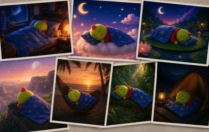 A collage of six illustrated scenes featuring a small green creature sleeping in various cozy settings, including a bedroom, on a cloud, on a lily pad, on a cliff, in a hammock, and inside a tent.