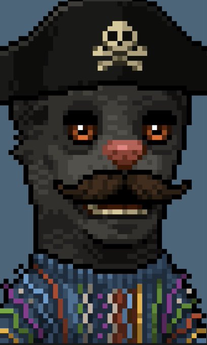 A pixel art portrait of a pirate character with a black skull-and-crossbones hat, a large mustache, and a wide grin, wearing a colorful, patterned shirt. The post's caption about excitement to move to Bitcoin plays on the character's appearance, which resembles the iconic "This is Fine" meme face but reimagined as a pirate, humorously suggesting a shift to a "pirate's" preferred currency—Bitcoin.