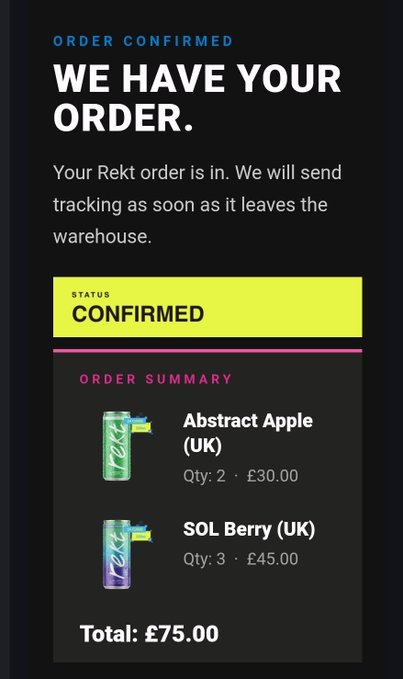 The image features a black and yellow screen with information about an online order for two cans of soda - one being Sol Berry (UK) and the other apple cider (apple). The text on the screen congratulates you on placing your order, and it also explains that the order will be confirmed today. The text also reads "Fully rekt now today!!! Can't wait to try THE SOL Berry and kids love THE apple..." This indicates that the cans are expected in a few hours' time.